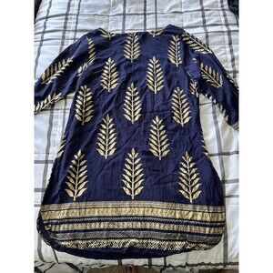 Lapogee Navy Gold Metallic Leaf Indian Dress 3/4 Sleeves Boho sz LARGE